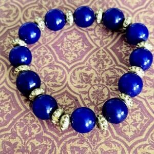 Chunky Blue Gold Tone Beaded Stretch Bracelet